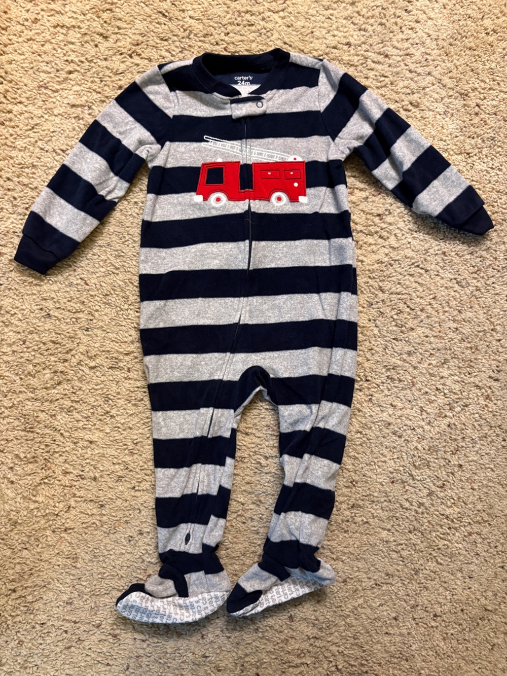 Carter's Navy & Gray Striped Footed One-Piece with Red Fire Truck